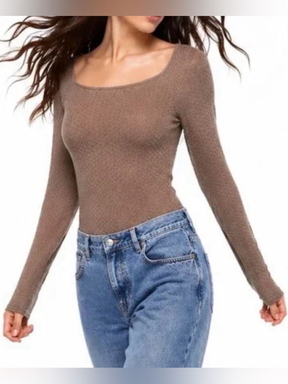 Abercrombie & Fitch Taupe Pointelle Scoop Neck Long-Sleeve Top